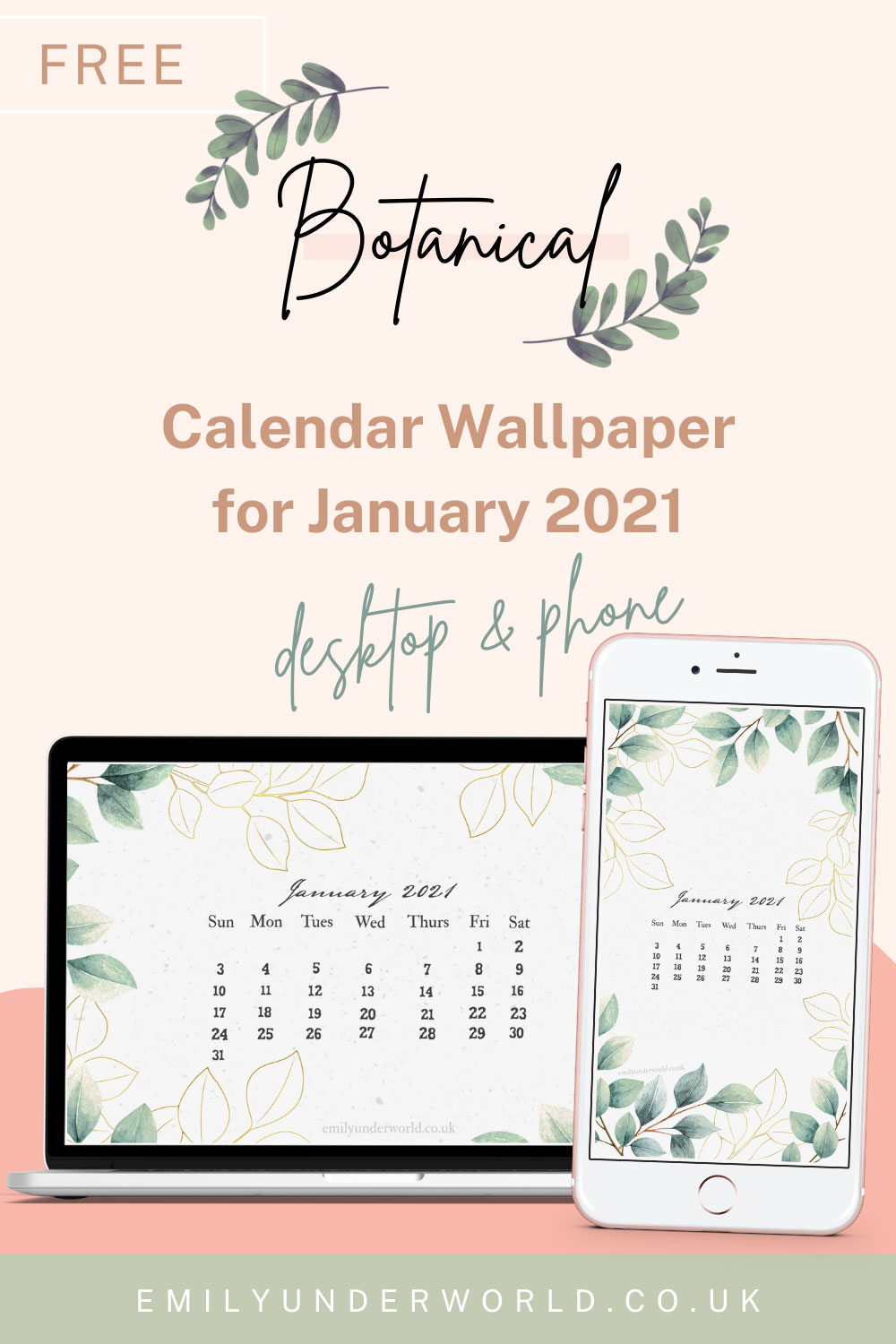 Free January 2021 Botanical Calendar Wallpaper