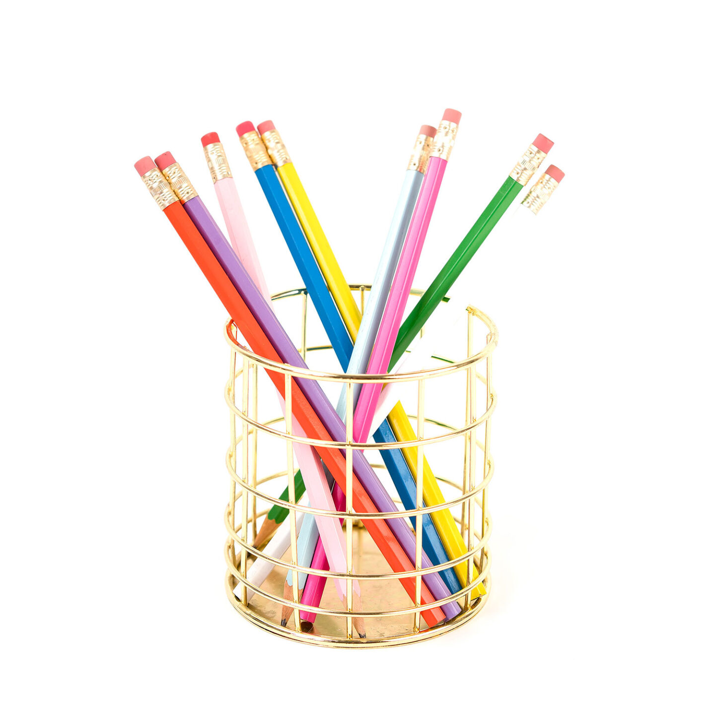 gold pot of coloured pencils