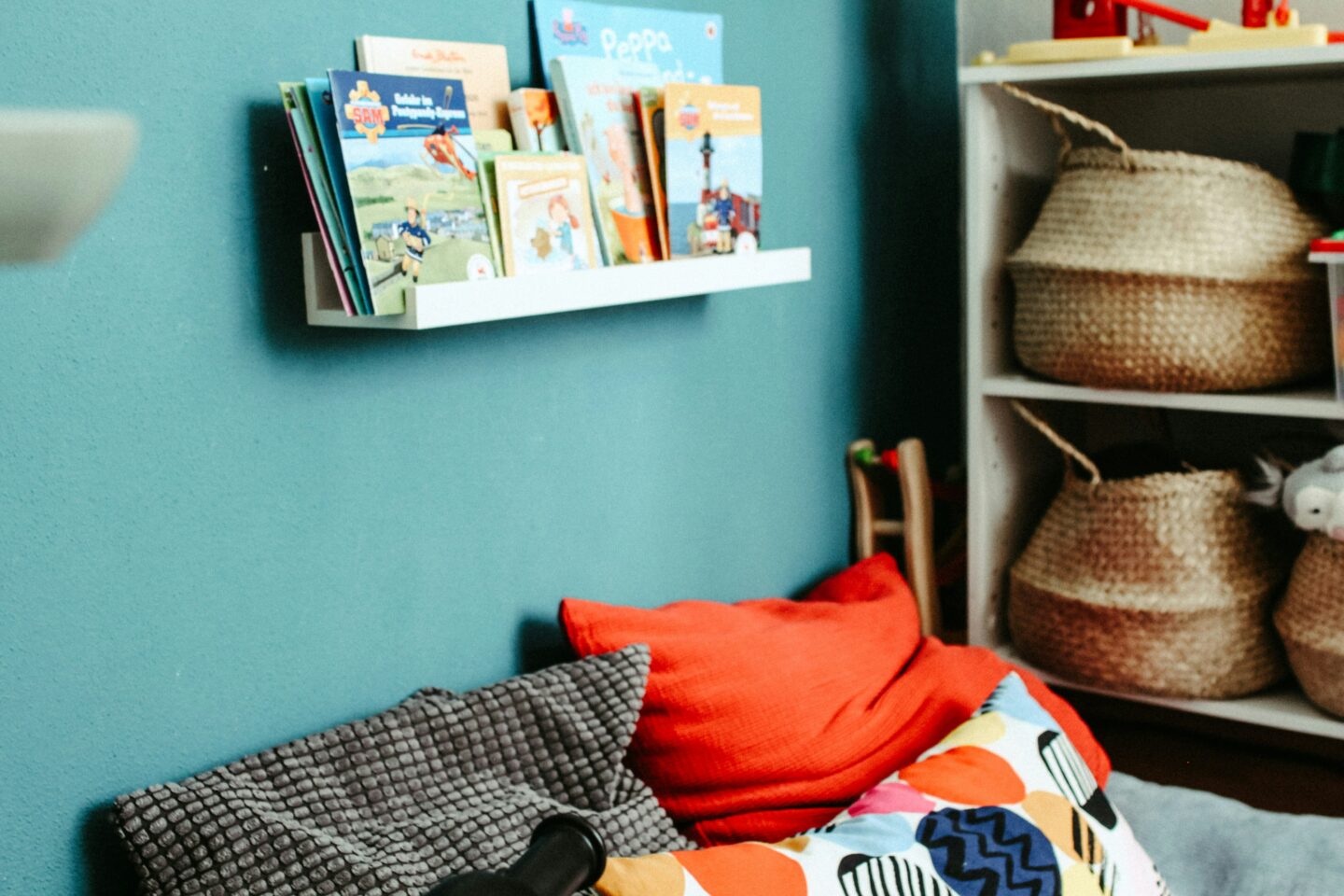 colourful children's room with books on shelf