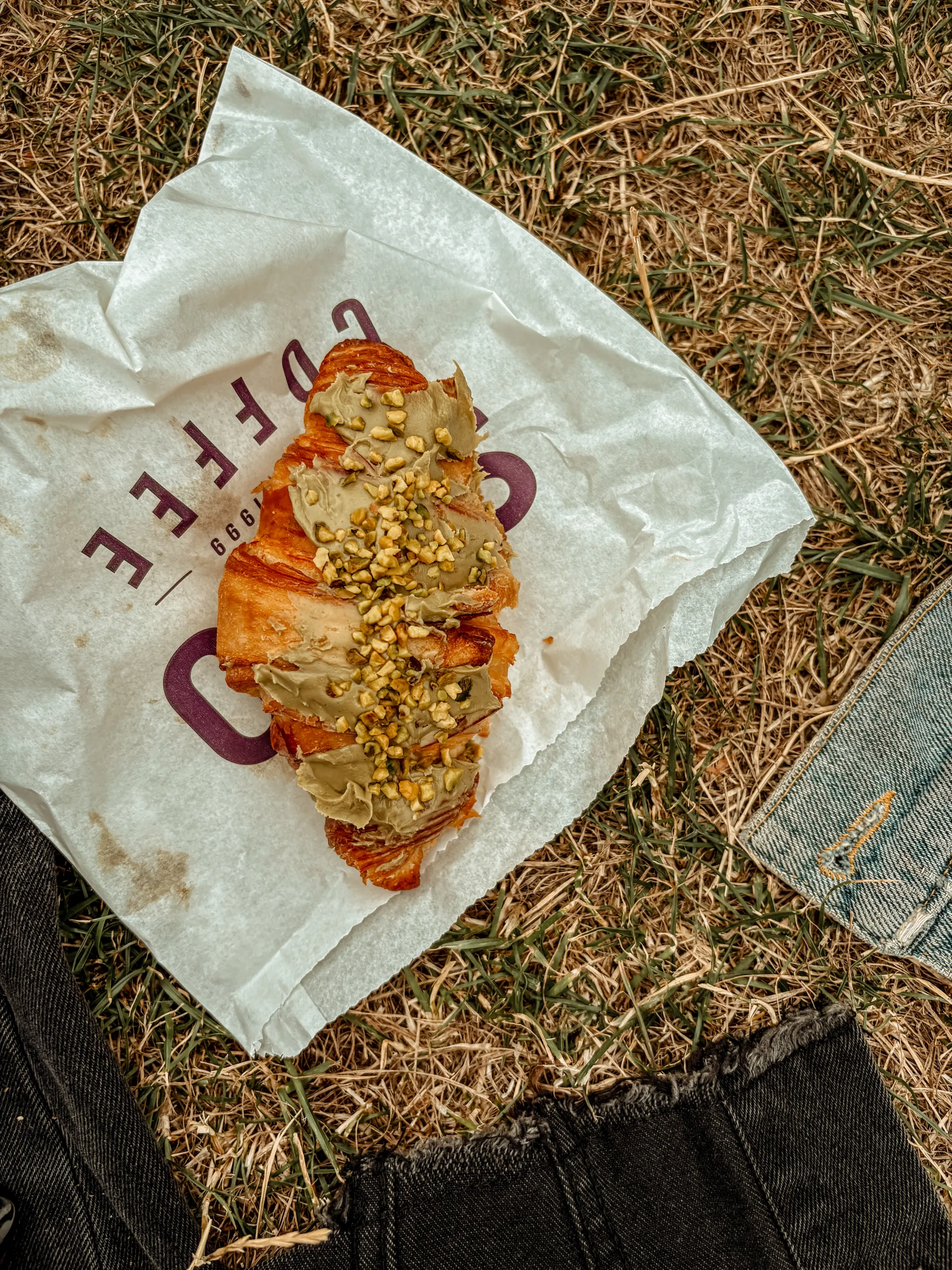 pistachio croissant in a park