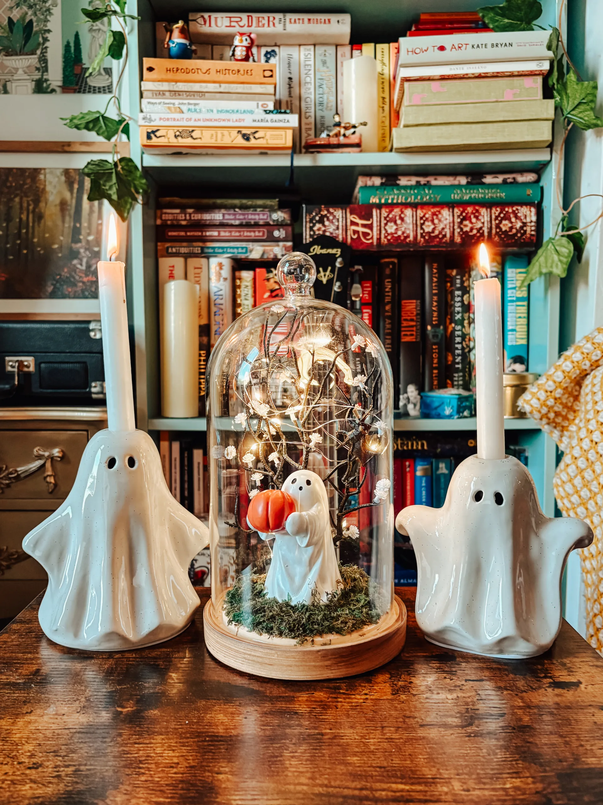 cute ghost candle holders and cloche with fairy lights