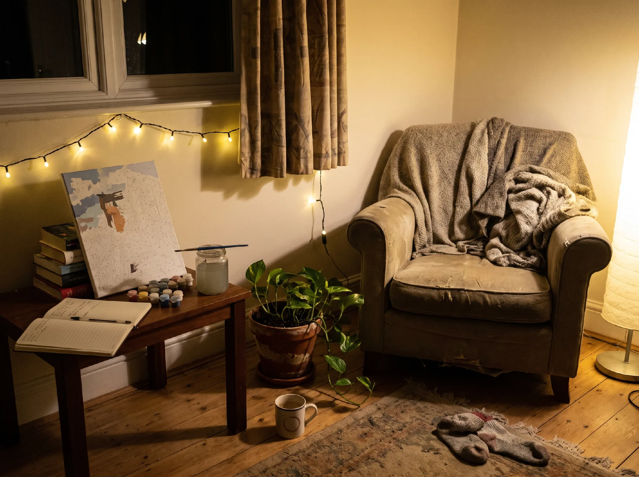 paint by numbers in cozy living room
